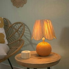 ValueLights Sebby Ceramic Globe Textured Table Lamp with Raffia Lamp Shade and LED Bulb Orange