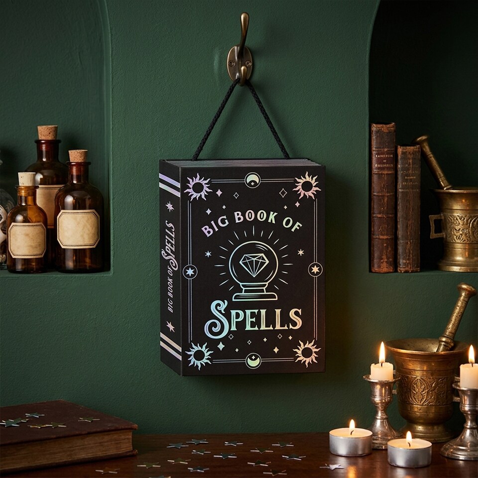 image 1 of Iridescent Black Halloween Spell Book Hanging Plaque Decoration 18cm