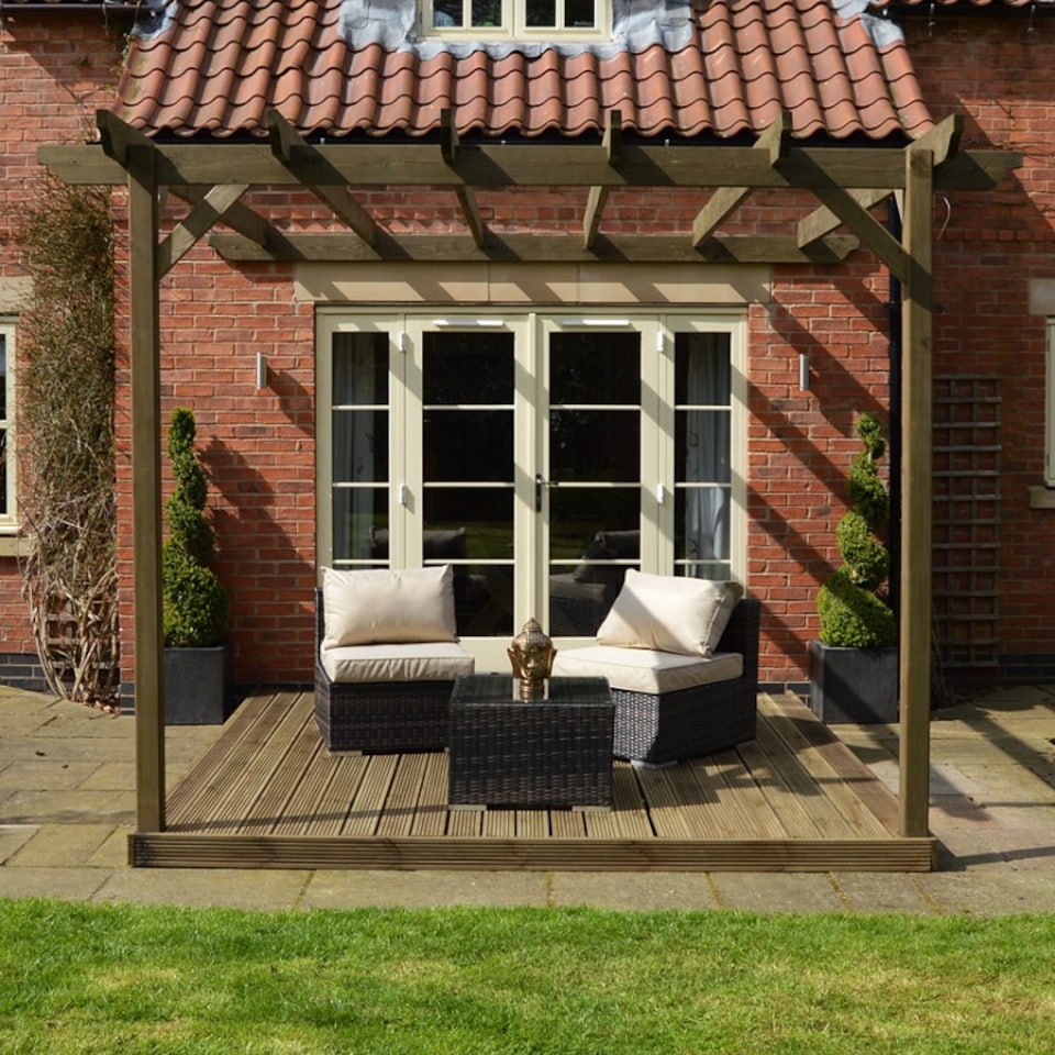 image 1 of Wall Mounted Pergola and Decking Kit - L240 x W240 x H270 cm - Rustic Brown