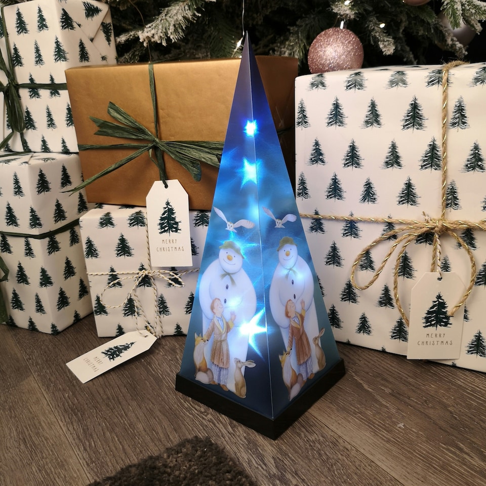 image 1 of 35cm Battery Operated Laser Pyramid Christmas Decoration - The Snowman and Friends