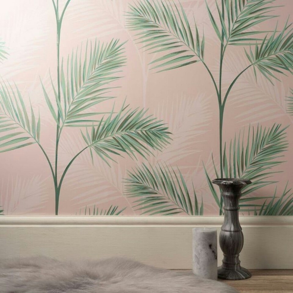 image 1 of Fine Decor South Beach Palm Leaf Wallpaper - Blush Pink - One Size | Pink