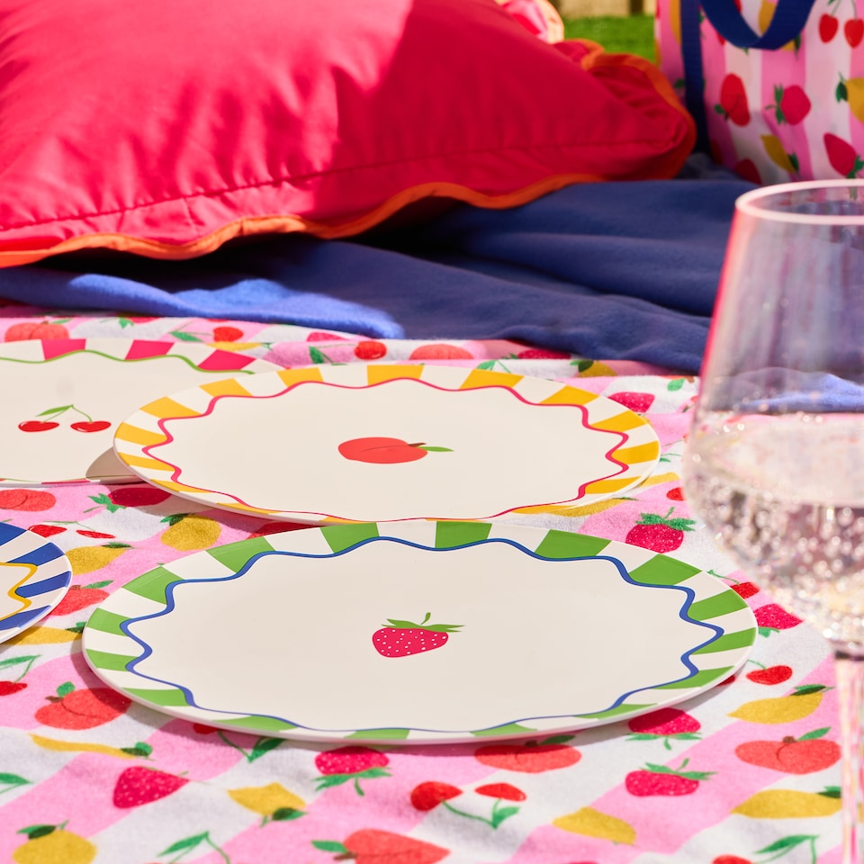 image 1 of OHS Summer Print Plastic Picnic Plates Set of 4 Lightweight Outdoor | Pink | Bright Fruits