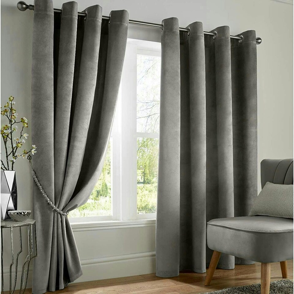 image 1 of Velvet Blackout Eyelet Curtains - Silver 116 cm x 182 cm