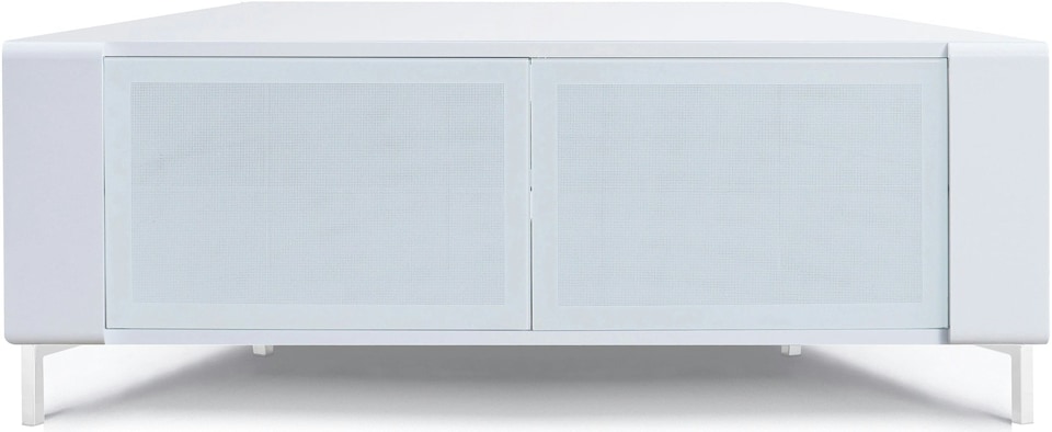 image 1 of MDA Designs CORVUS Corner-Friendly Gloss White Contemporary Cabinet with White Profiles White BeamThru Glass Doors Suitable for Flat Screen TVs up to 50" | White | 1