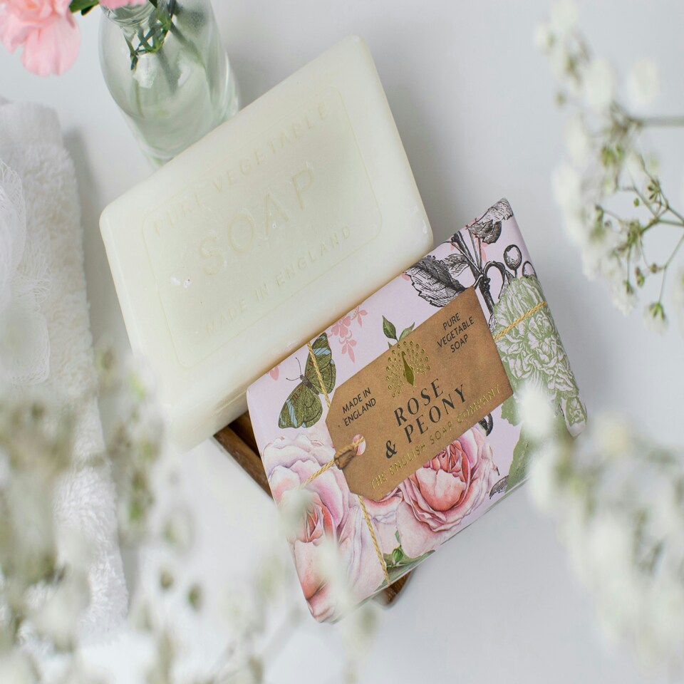 image 1 of The English Soap Company Anniversary Wrapped Soap Bar, Floral Scented Shea Butter Soap, Moisturising Soap Bar for Body, Rose and Peony Scent 190g