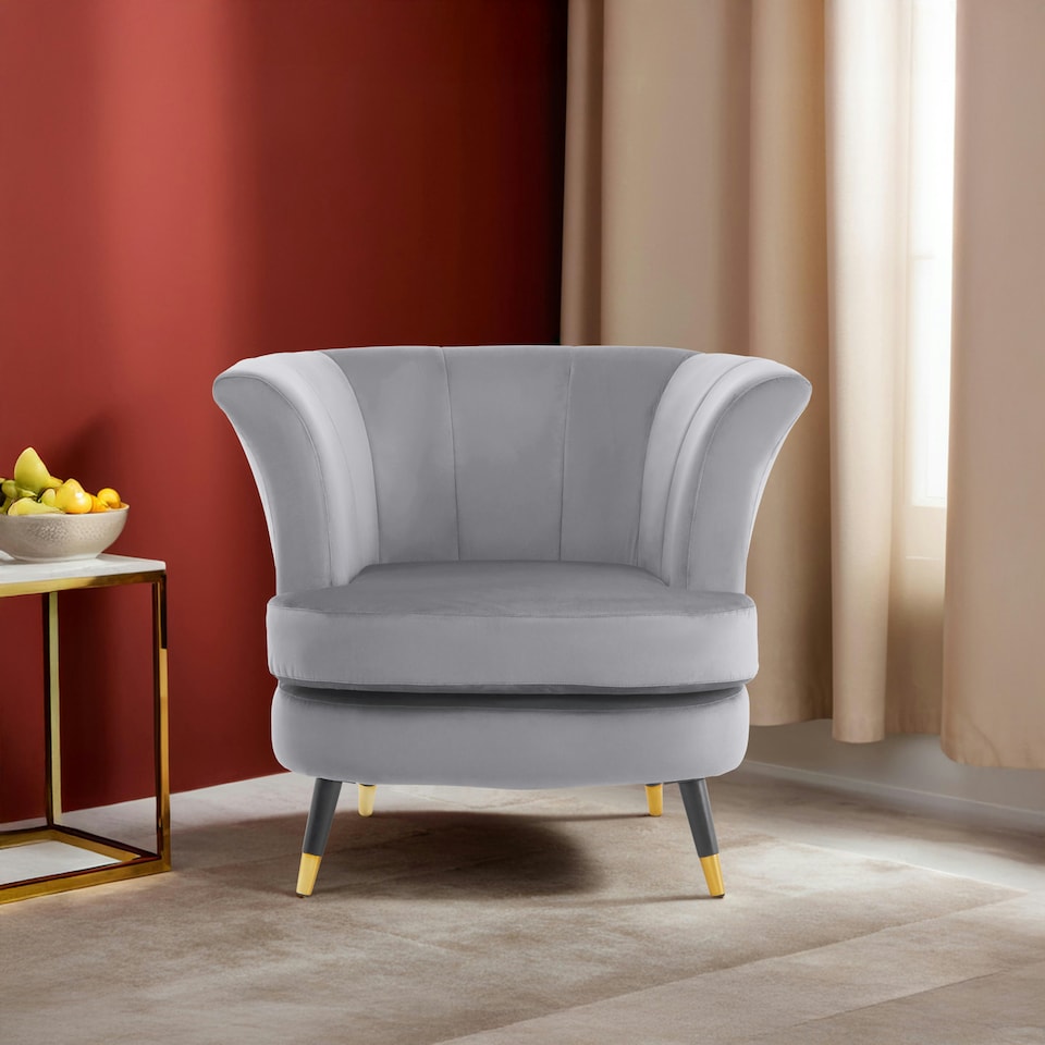 image 1 of Interiors by Premier Grey Velvet Scalloped Chair, Long-lasting Scallop Chair Velvet, Body Supportive Scalloped Armchair