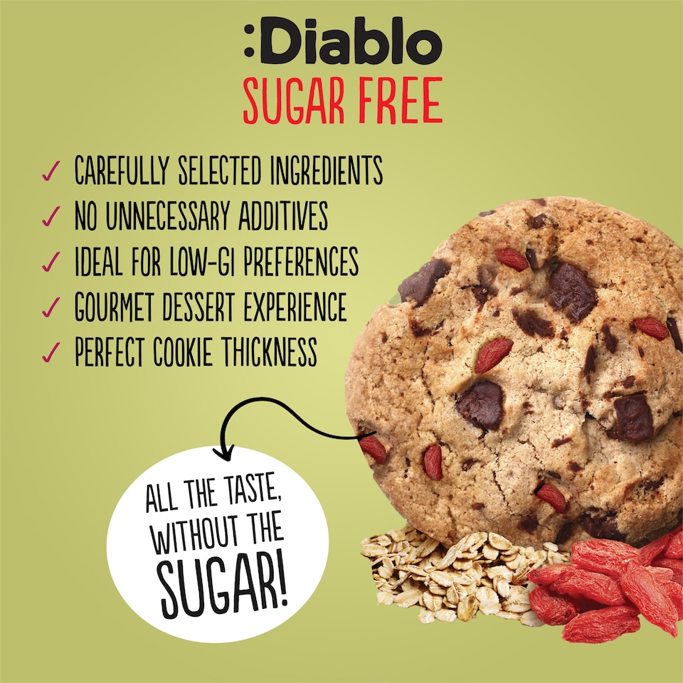 image 1 of Diablo No Added Sugar Chocolate Chip and Goji Berry Cookies 135g 3 Pack