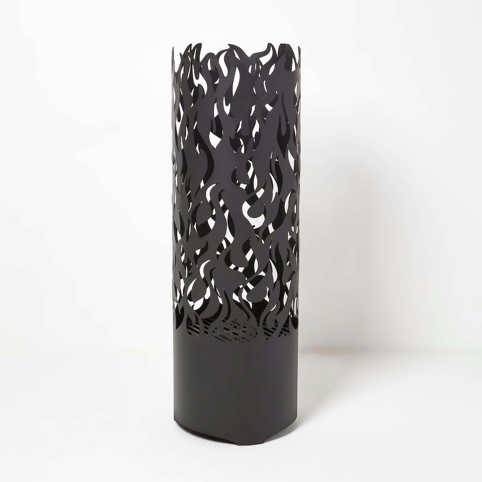 image 1 of Homescapes Large Black Fire Drum with Laser Cut Design, 1.2m Tall