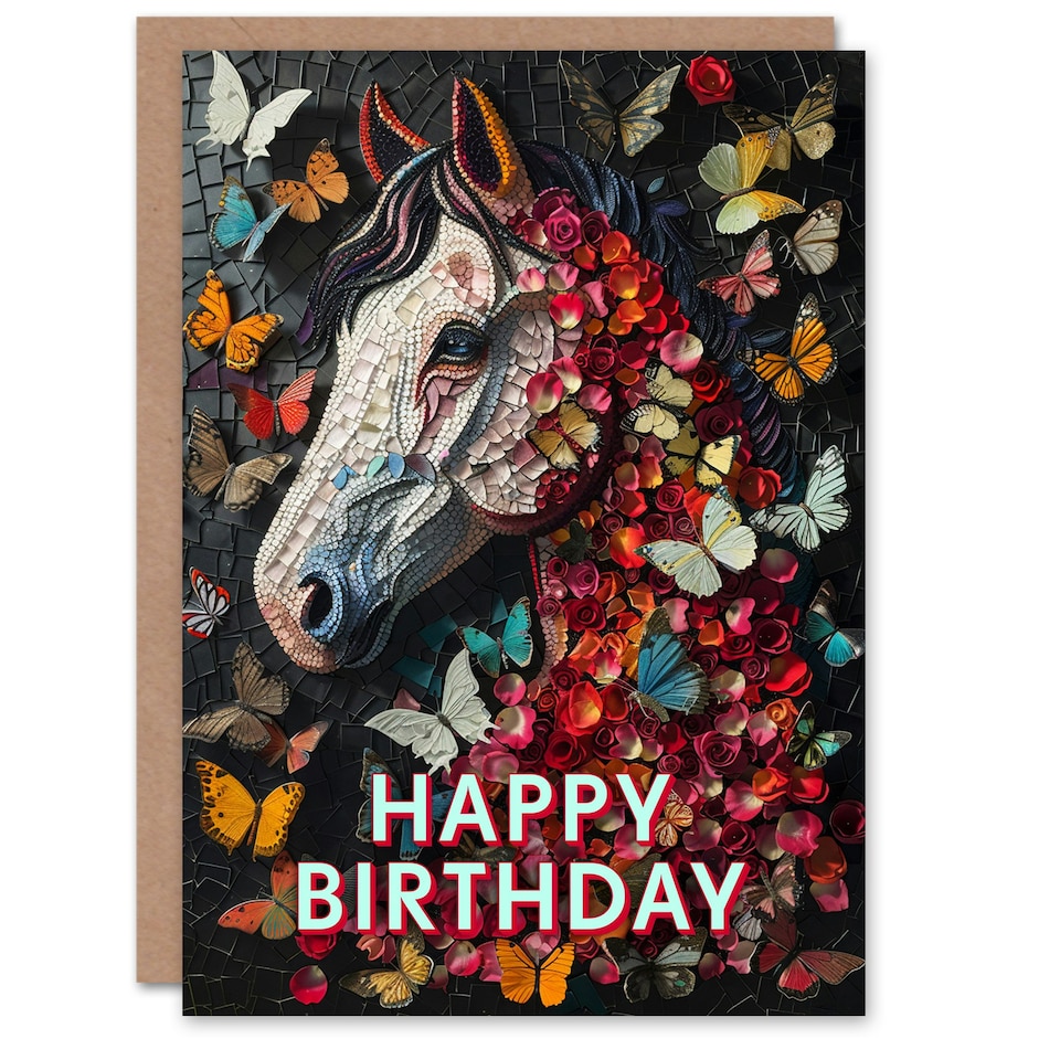 image 1 of Butterflies Horse Mosaic Nature Floral Portrait Child Kids Birthday Card
