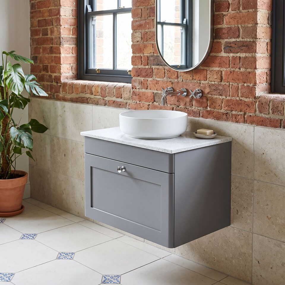 image 1 of Balterley Swynnerton Traditional 1 Drawer Wall Hung Vanity Unit with Marble Top, Satin Grey, 600mm