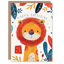 Cute Jungle Lion Bright Cartoon Drawing 3rd Year Child Kids Birthday Card