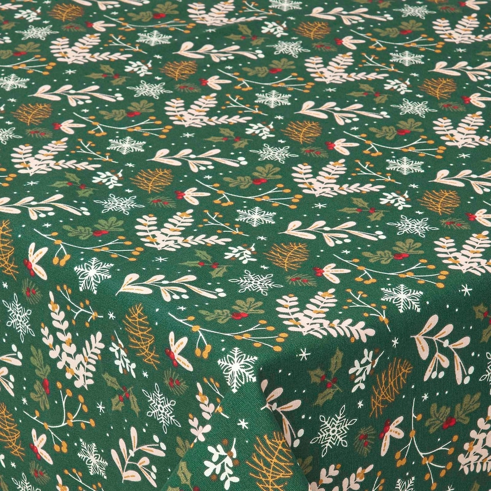 image 1 of Homescapes Festive Forest 100% Cotton Round Green Christmas Tablecloth - 178 cm | Green | 178cm (70") round