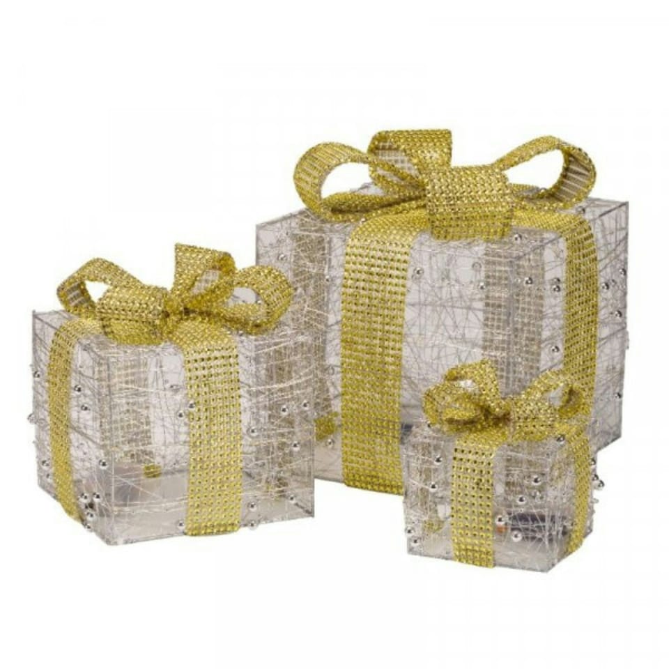image 1 of Set of 3 Battery Operated Gold Sparkly Christmas Gift Boxes with LEDs