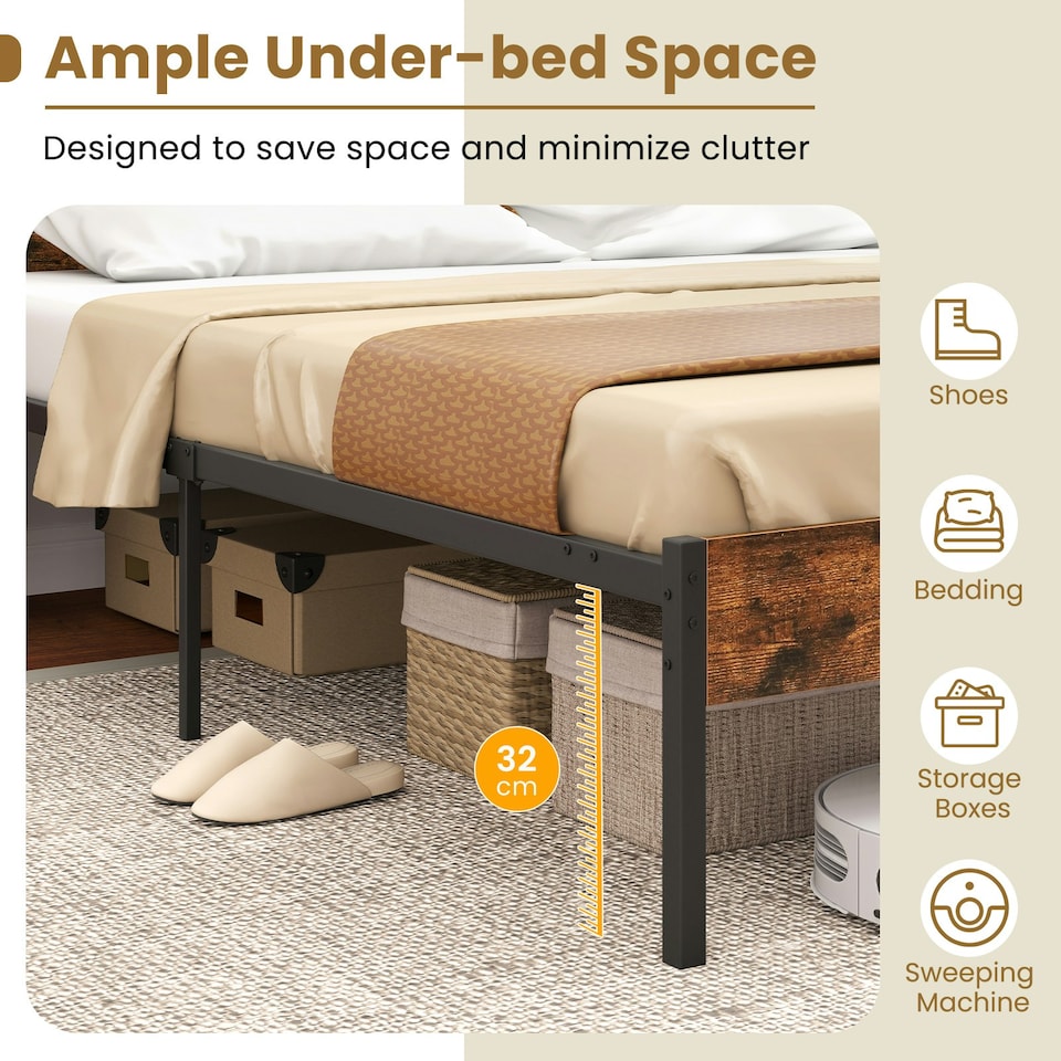 image 1 of COSTWAY Double Metal Bed Frame w/ Wooden Headboard