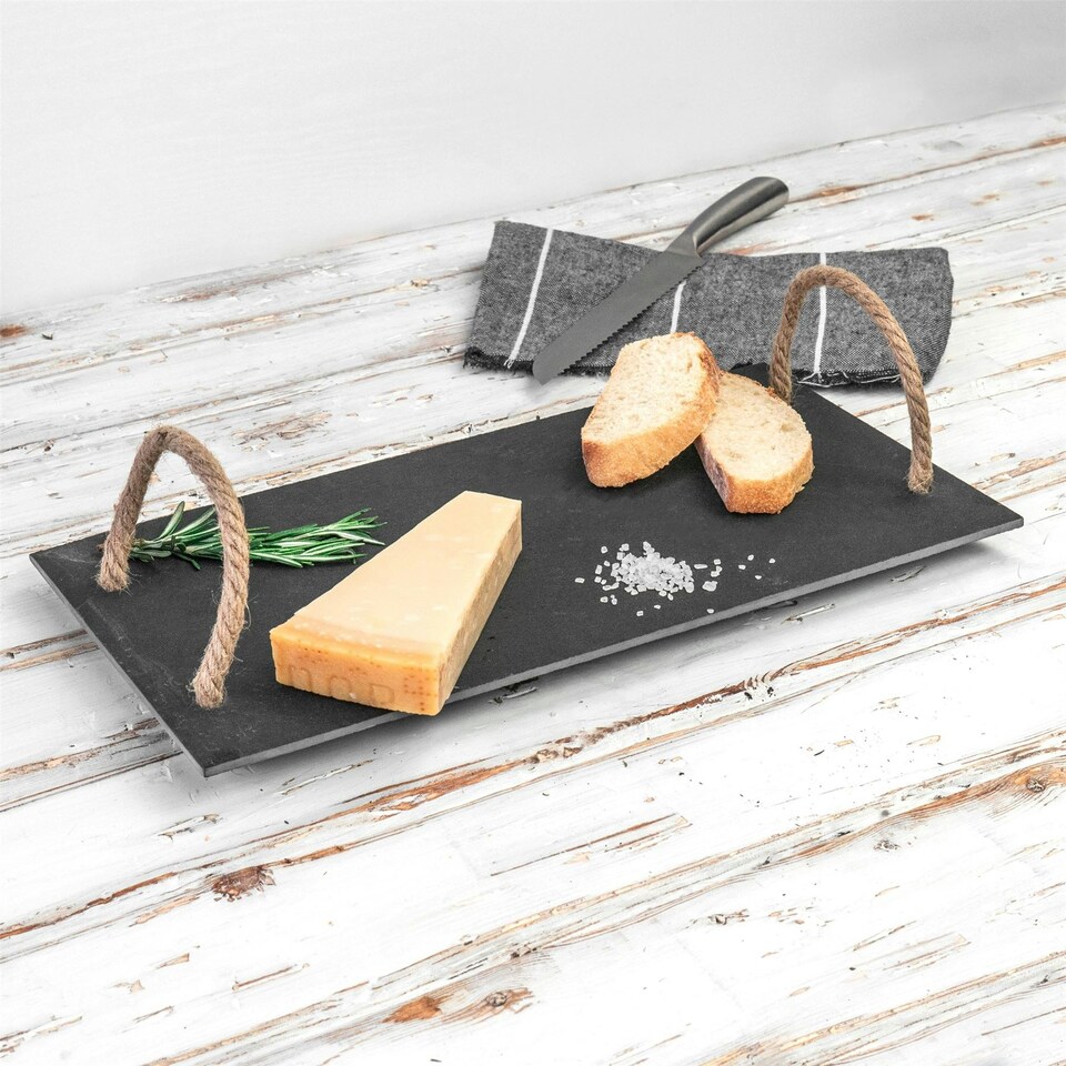 image 1 of Argon Tableware Slate Serving Tray with Rope Handles - 40 x 20cm Grey