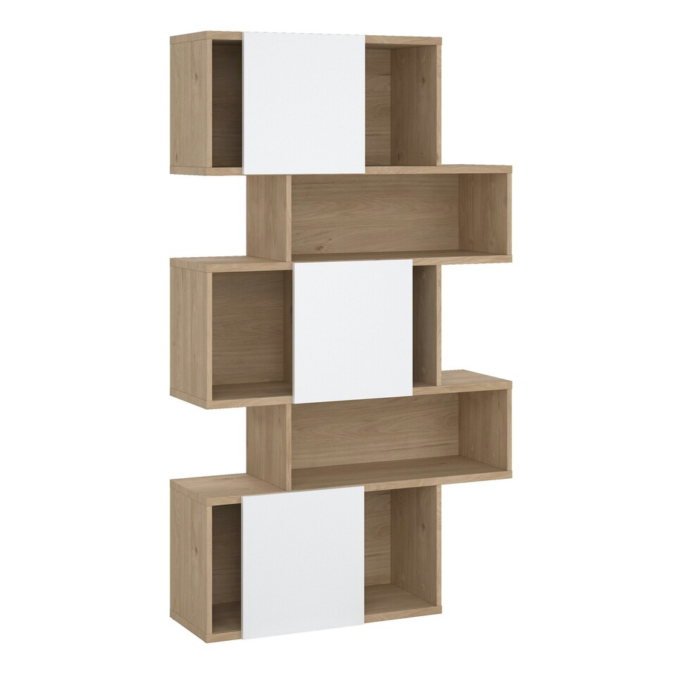 image 1 of Maze Asymmetrical Bookcase with 3 Doors in Jackson Hickory and White High Gloss