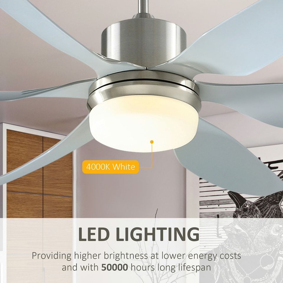 image 1 of HOMCOM Reversible Ceiling Fan w/ Light, 6 Blades Indoor LED Lighting Fan, Silver