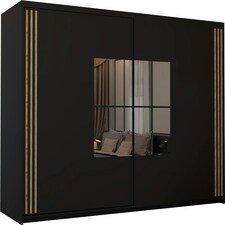 Spacious 203cm Sliding Wardrobe with Paneled Mirror Doors & Votan Strip | Adjustable Interior | White, Black, Grey, Oak Black | Black203cm