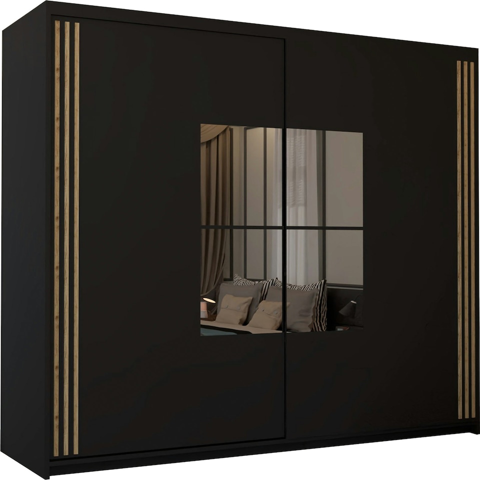 image 1 of Spacious 203cm Sliding Wardrobe with Paneled Mirror Doors & Votan Strip | Adjustable Interior | White, Black, Grey, Oak Black | Black203cm