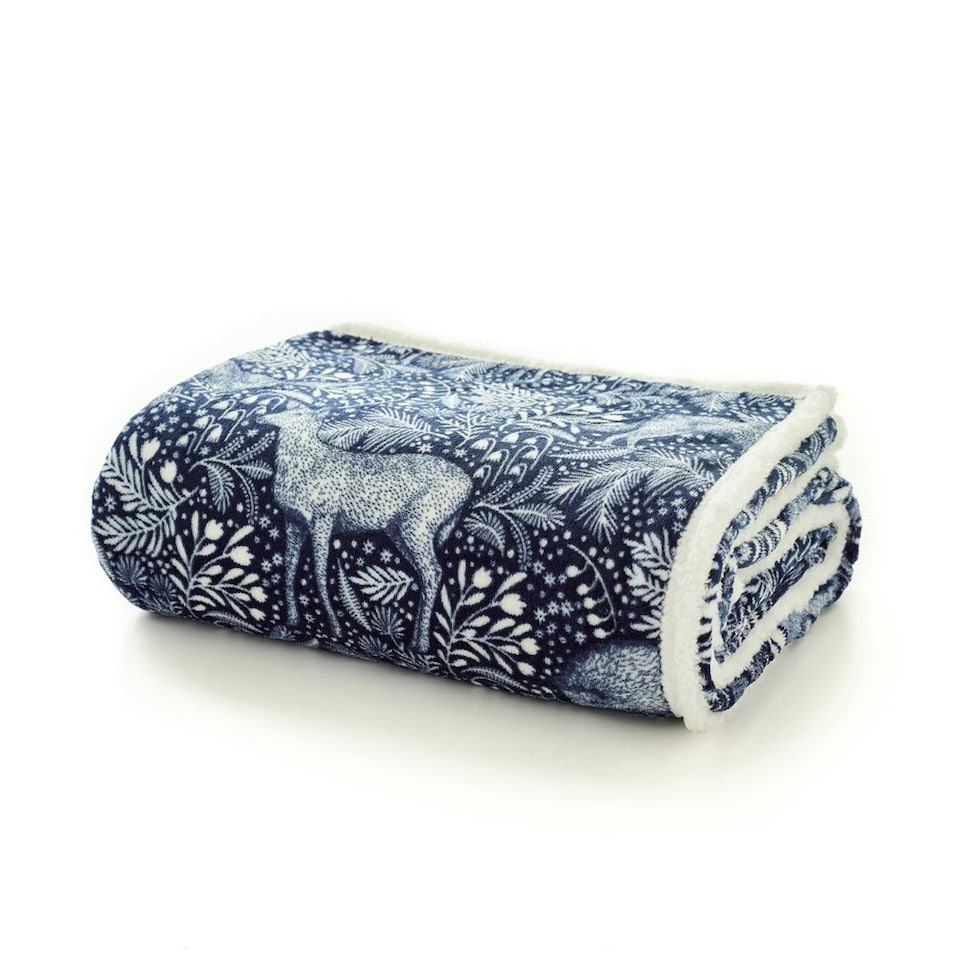 image 1 of Woodland Folk Forest Scene Flannel Throw with Sherpa Reverse – 140x180cm | Blue | Navy | 1