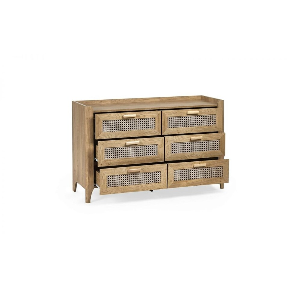image 1 of Sleek 6 Drawer Rattan Oak Wide Chest