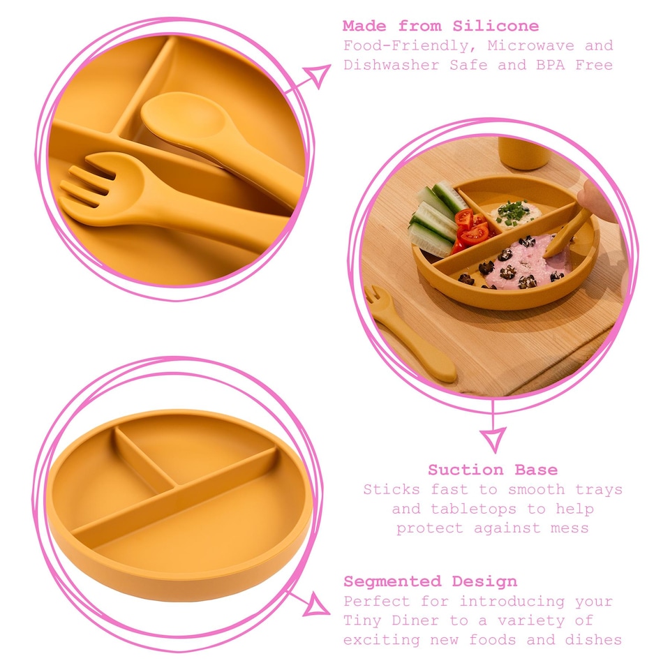 image 1 of Tiny Dining Baby Silicone Suction Plate, Fork & Spoon Set - Ochre