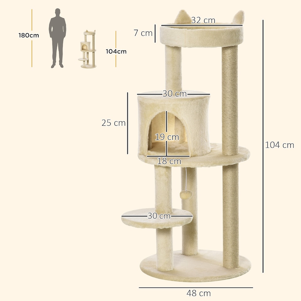 image 1 of PawHut 104cm Cat Tree Condo Tower with Scratching Post Perch Ball
