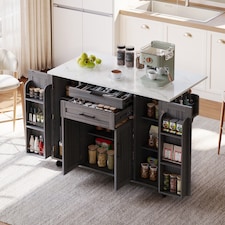 VILUXE Mobile Kitchen Island with Foldable Worktop, Hidden Cutlery Drawer, Large Drawer, Adjustable Shelves, Door Racks, Towel Rack, Spice Rack and 5 Wheels, Grey