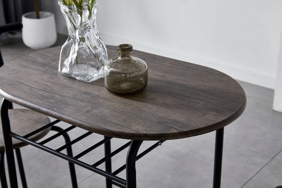 image 1 of Kitchen Breakfast Bar Small Dining Table and 2 chairs Set with Metal frame -Brown