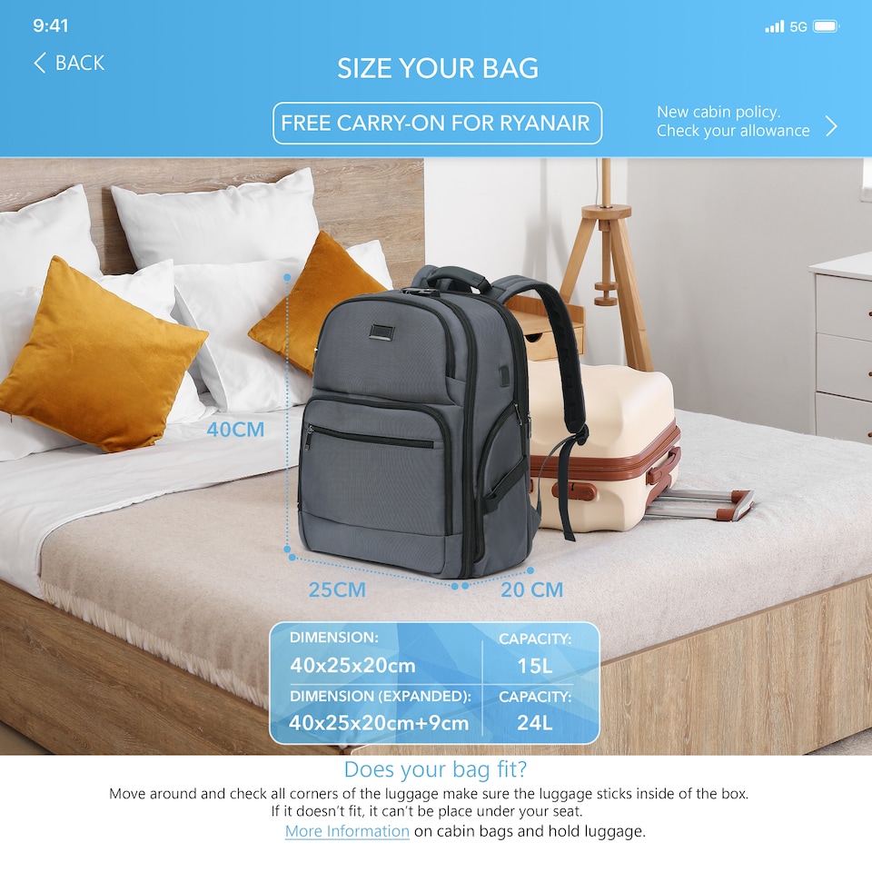 image 1 of Cabin Pro 'Stride' 40x20x25cm Ryanair Cabin Bag Underseat Backpack for Travelling TSA Approved Lock Expandable Backpack - Carry on Luggage | Grey | Grey | 1