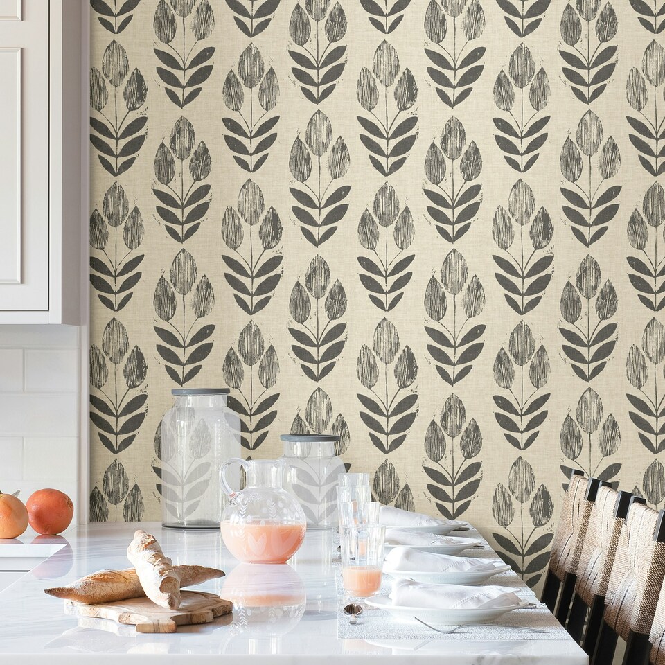 image 1 of NuWallpaper NUS2459 Folk Tulip Peel & Stick Wallpaper, Charcoal Multi