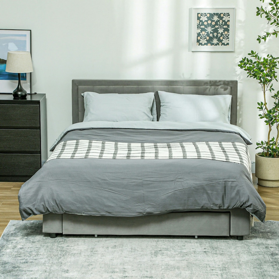 image 1 of HOMCOM King Size Bed Frame with Storage and Adjustable Velvet Headboard