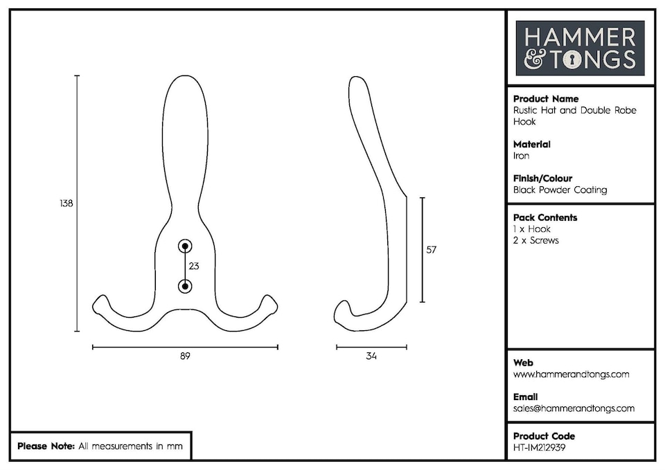 image 1 of Hammer & Tongs Rustic Hat and Double Robe Hook - W90mm x H140mm - Black