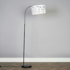 ValueLights Designer Style Black Curved Stem Floor Lamp With White Artistic Portrait Design Shade With 6w LED GLS Bulb Warm White