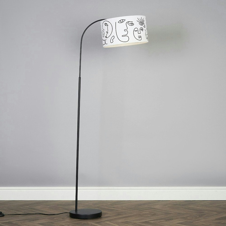 image 1 of ValueLights Designer Style Black Curved Stem Floor Lamp With White Artistic Portrait Design Shade With 6w LED GLS Bulb Warm White
