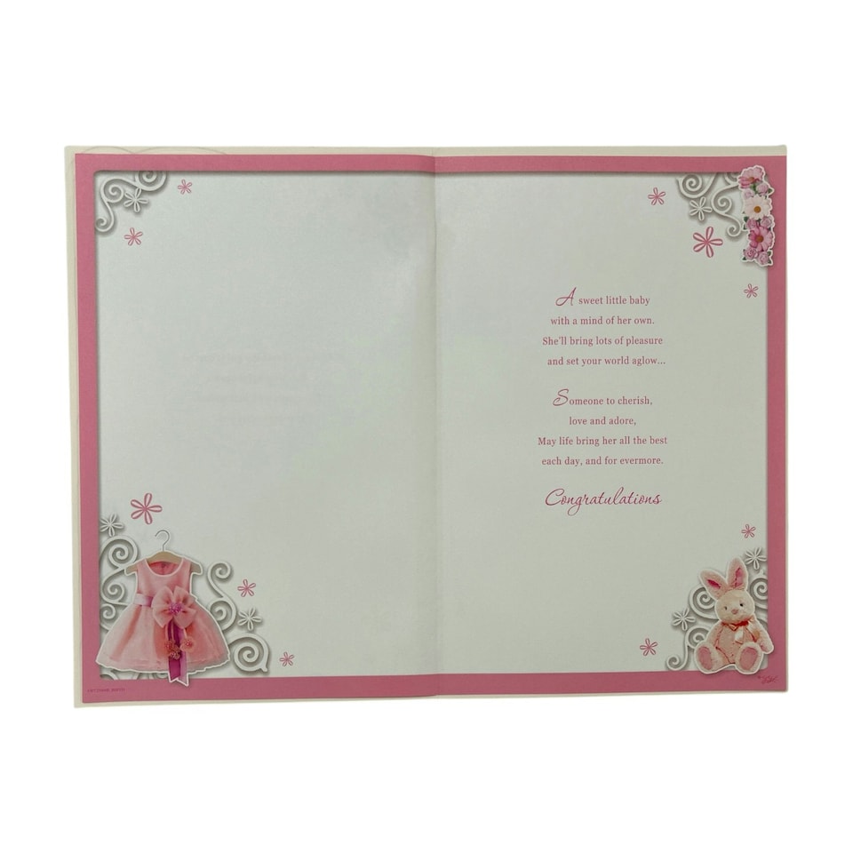 image 1 of On The Birth Of Baby Girl Pink Dress And Teddy Design Opacity Congratulations Card