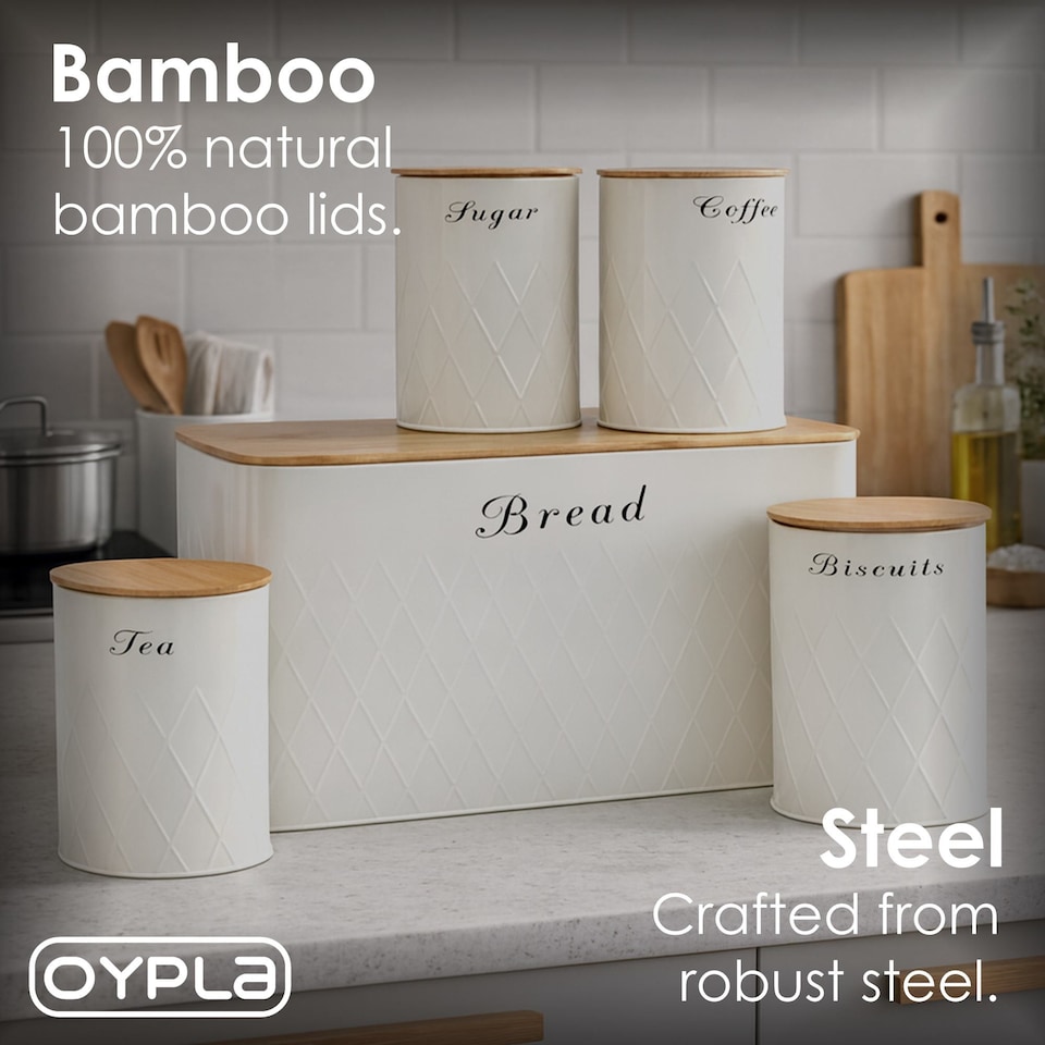 image 1 of 5pc Cream Bamboo Lid Kitchen Canister Set Bread Biscuits Tea Sugar Coffee