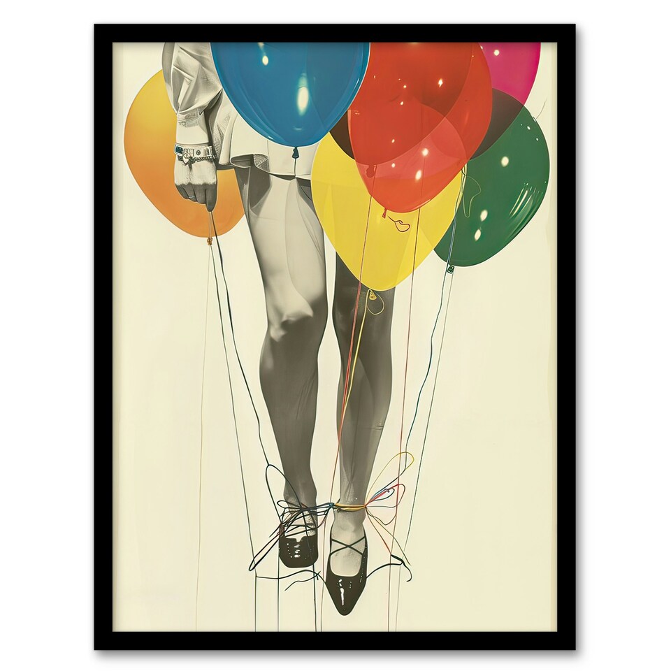 image 1 of Party Over Woman Colourful Balloons Collage Black Framed Wall Art Print A4