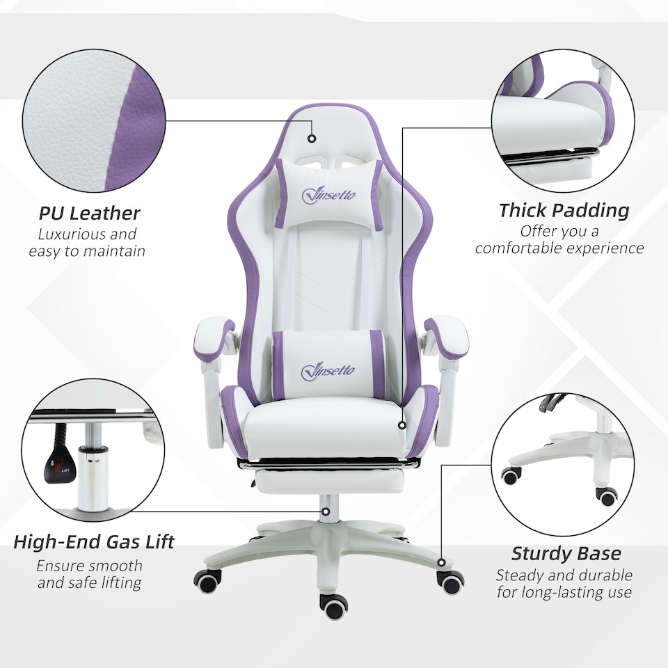 image 1 of Vinsetto Computer Gaming Chair, PU Leather Office Desk Chair with Footrest, Swivel Wheels, 135 Reclining Back, Lumbar Support, Headrest for Home, White and Purple