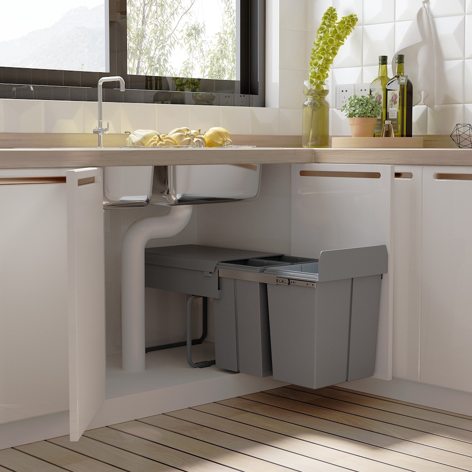 image 1 of HOMCOM Pull Out Bin with Soft Close and Handle, Kitchen Under Sink Bin with 3 Removable Compartments for Recycling and Waste, 40L (1x20L+2x10L), Grey