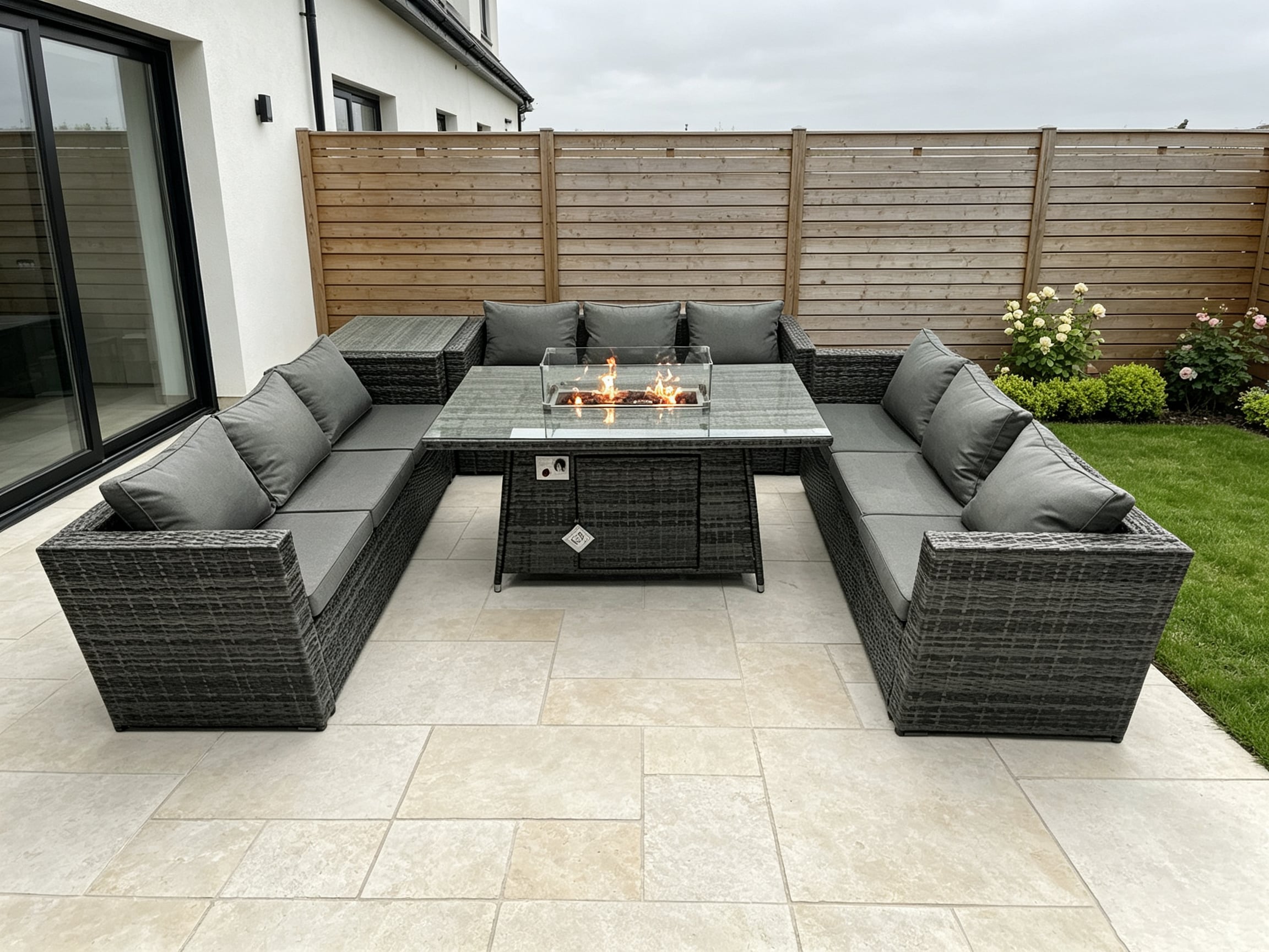 Fimous 9 Seater Rattan Garden Furniture Sofa Set Outdoor Patio Gas Fire Pit Dining Table Gas Heater Burner With Side Table Dark Grey Mixed