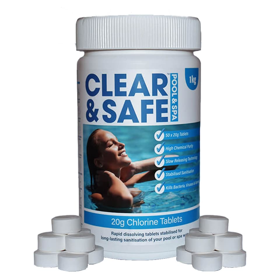Clear & Safe 1kg 20g Chlorine Tablets for Pool, Spa & Hot Tubs - 50 tablets