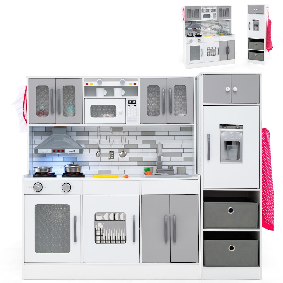 image 1 of COSTWAY Kids Kitchen Playset 2-Piece Modular Wooden Play Kitchen-Gray