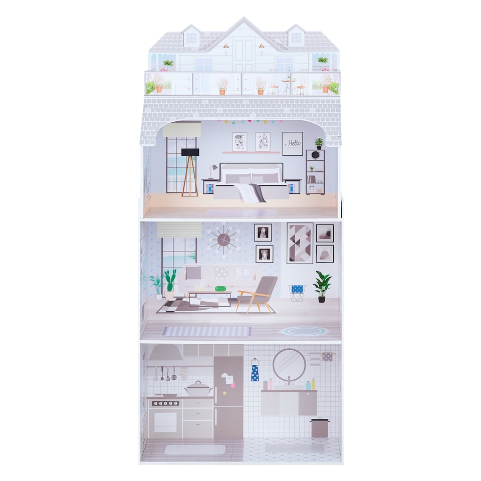image 1 of Teamson Kids 3-Story Dollhouse with 8 Furnishings, Grey, Dreamland Penthouse