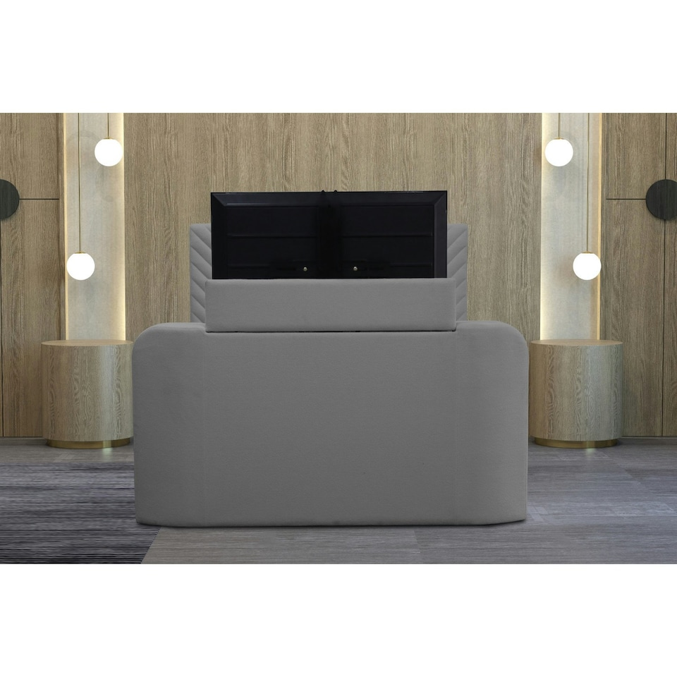 image 1 of Grey Velvet Criss Cross Ottoman TV Bed With Storage Smart Bed With Remote Control TV Footboard Operation – King Size
