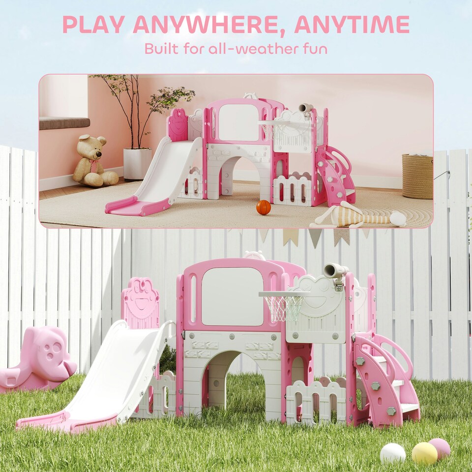 image 1 of AIYAPLAY 7 in 1 Toddler Slide Set, Frog Theme Playset with Basketball Hoop