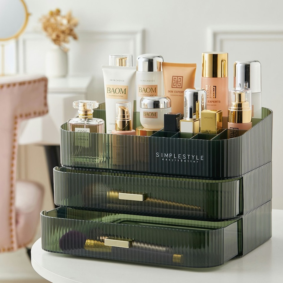 image 1 of Living and Home Desktop Makeup Cosmetic Organizer with Drawers - Dark Green