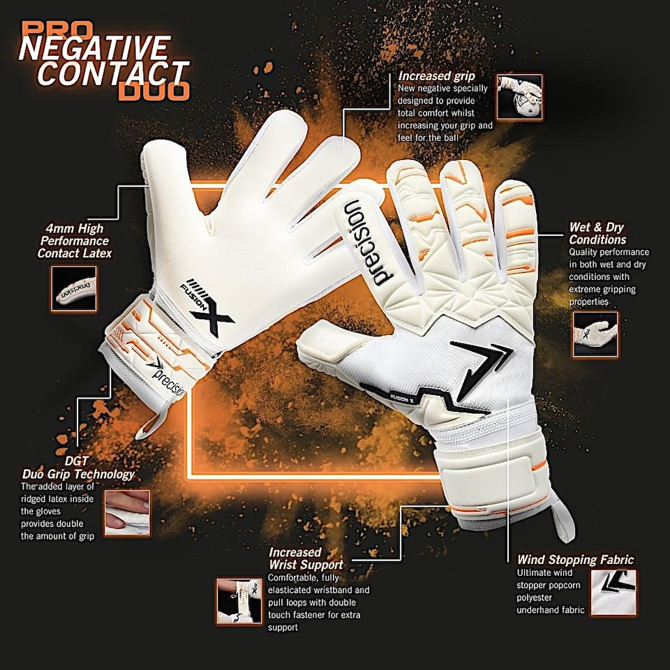 image 1 of Precision Training Fusion X Pro Negative Contact Duo Grip Professional Football Junior Goalkeeper Gloves, White, 6