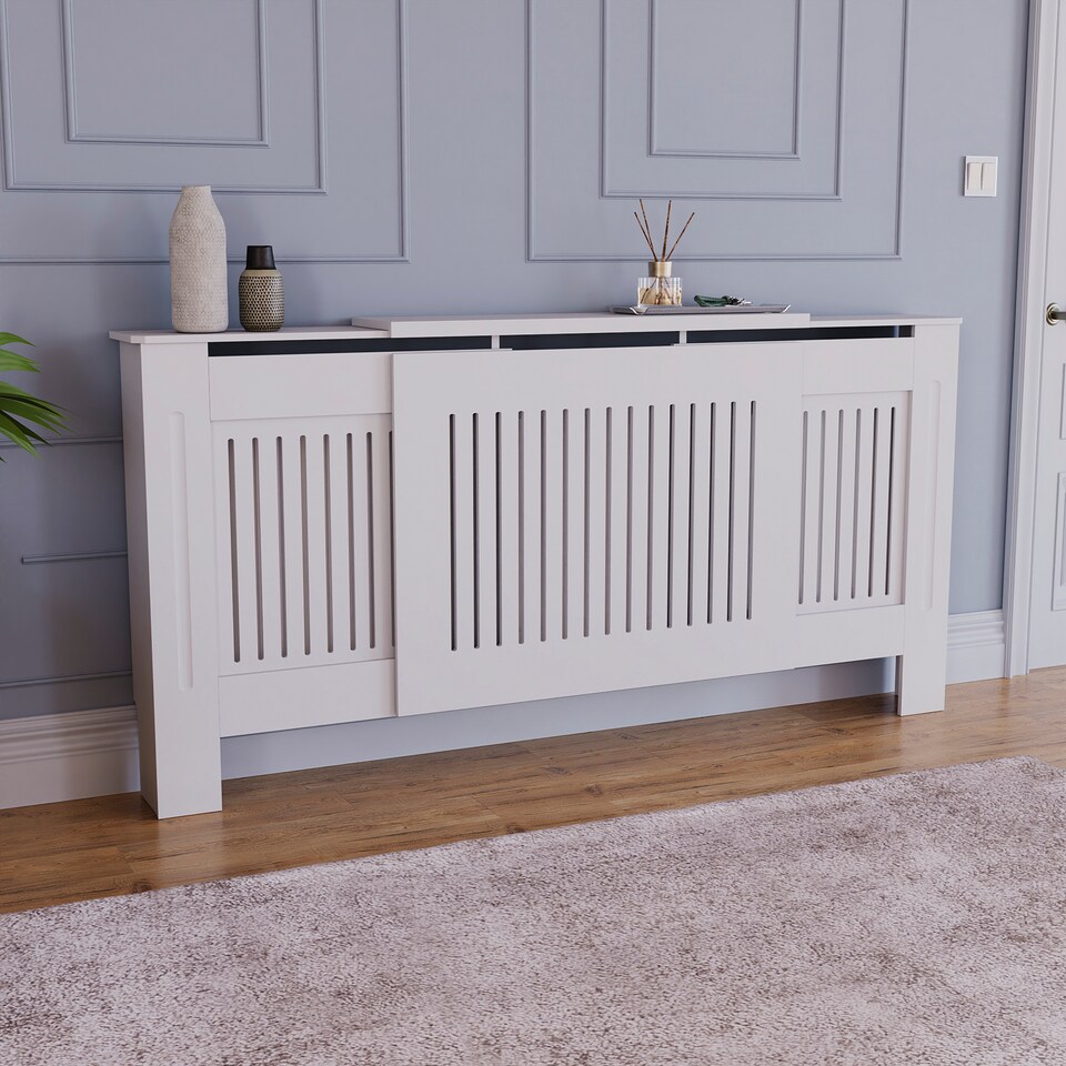 image 1 of Vida Designs Chelsea Radiator Cover Painted MDF Slatted Cabinet, White, 140-204cm