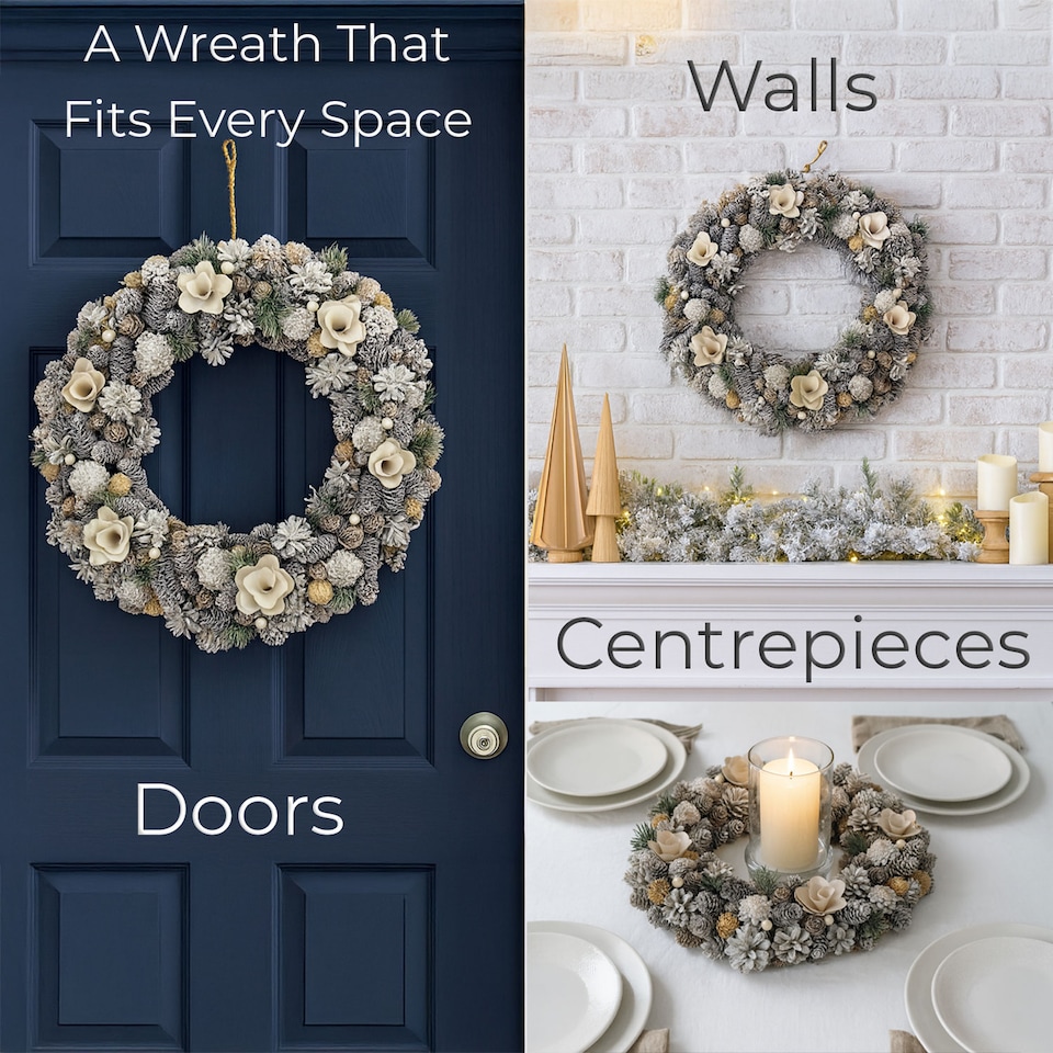 image 1 of eo Luxury Extra Large Frosted Pinecone Winter Wreath 50cm Home Artificial Christmas Festive Front Door Decoration | Grey | Frosted Grey